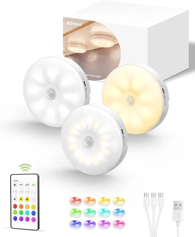 Main image of Under Cabinet Lighting, 1000mAh Rechargeable Puck Lights with Remote, 3 Color Temps & 12 RGB Motion Sensor Closet Lights, Dimmable Under Cabinet Lights for Kitchen, Cabinets, Closet (3 Packs)