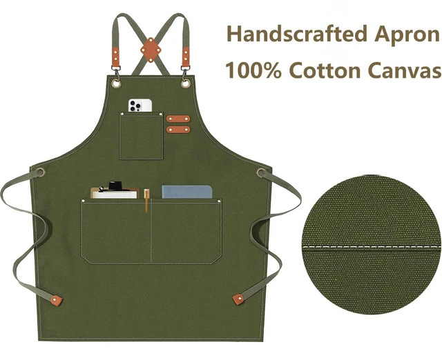 Alt view image 5 of 7 - Chef Aprons for Men Women with Oversized Pockets, 16-Ounce Cotton Canvas Cross Back Heavy Duty Work Apron (Army Green)