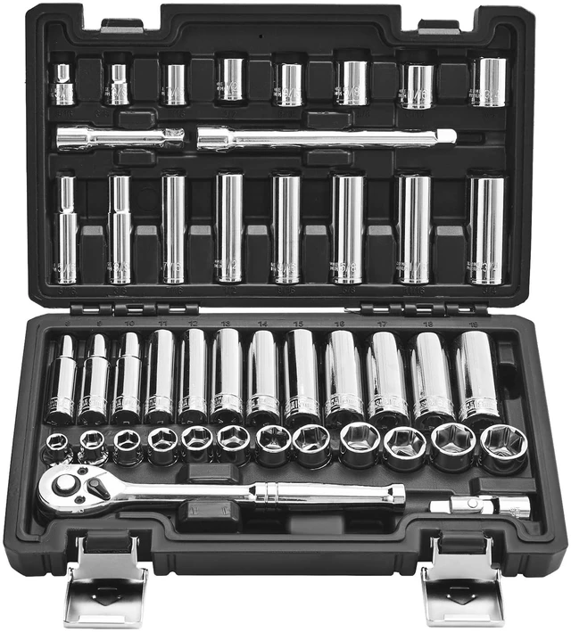 Main image of Socket Set, 44 Pieces, 3/8 inch Drive Socket and Ratchet Set, SAE and Metric, Deep and Shallow, Mechanic Tool Kit with Accessories and Storage Case, CR-V Alloy Steel, for Automotive Repair