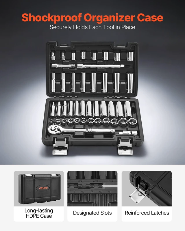 Alt view image 5 of 7 - Socket Set, 44 Pieces, 3/8 inch Drive Socket and Ratchet Set, SAE and Metric, Deep and Shallow, Mechanic Tool Kit with Accessories and Storage Case, CR-V Alloy Steel, for Automotive Repair