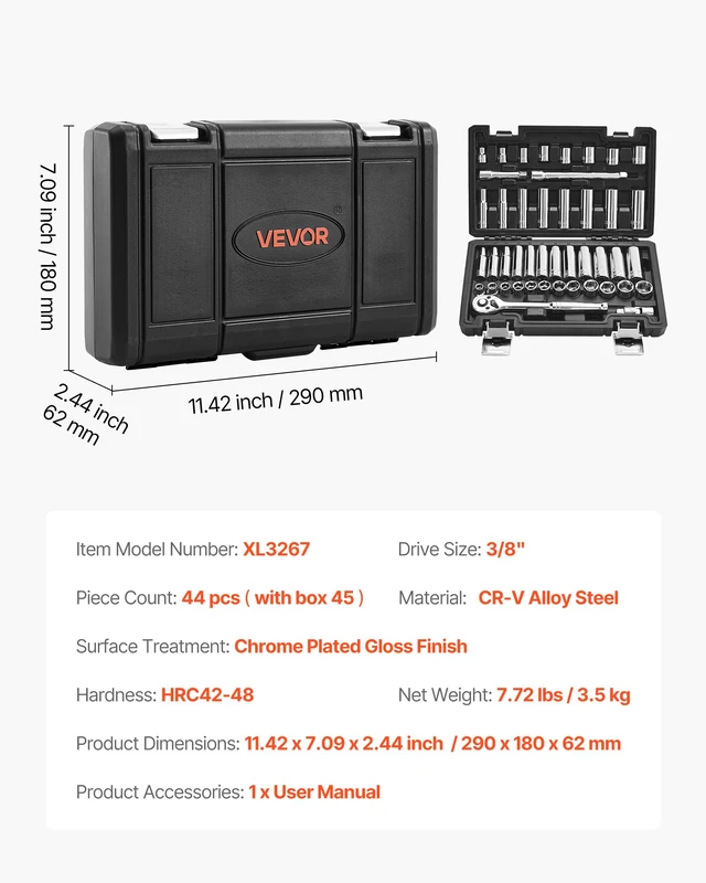 Alt view image 7 of 7 - Socket Set, 44 Pieces, 3/8 inch Drive Socket and Ratchet Set, SAE and Metric, Deep and Shallow, Mechanic Tool Kit with Accessories and Storage Case, CR-V Alloy Steel, for Automotive Repair