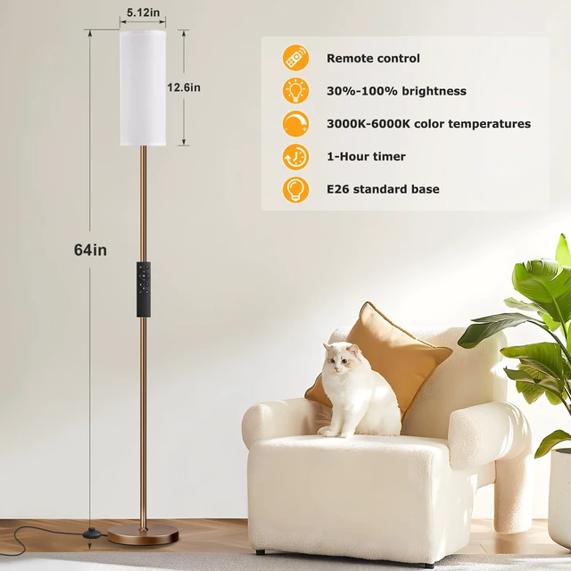 Alt view image 2 of 7 - 64'' Floor Lamps for Living Room with Remote Control and Stepless Dimmable Colors Temperature & Brightness, 9W Bulb Included(White Lampshade & Brown Pole)