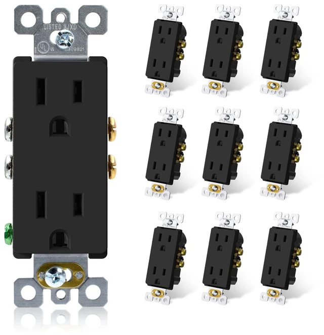 Main image of Matte Black Decorator Receptacle, 15A 125V Standard Electrical Wall Outlet, 2 Pole 3 Wire, Non- Tamper Resistant, NEMA 5-15R, Self-Grounding Residential Grade Outlet, UL Listed, 10 Pack