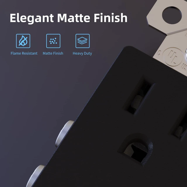 Alt view image 4 of 7 - Matte Black Decorator Receptacle, 15A 125V Standard Electrical Wall Outlet, 2 Pole 3 Wire, Non- Tamper Resistant, NEMA 5-15R, Self-Grounding Residential Grade Outlet, UL Listed, 10 Pack