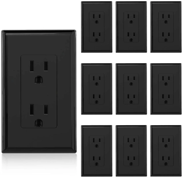 Main image of Decorator Receptacle, 15A 125V Standard Electrical Wall Outlet, Non-TR, 2 Pole 3 Wire, Self-Grounding Residential Grade, Screwless Wall Plate Included, UL Listed (10 Pack, Glossy Black)