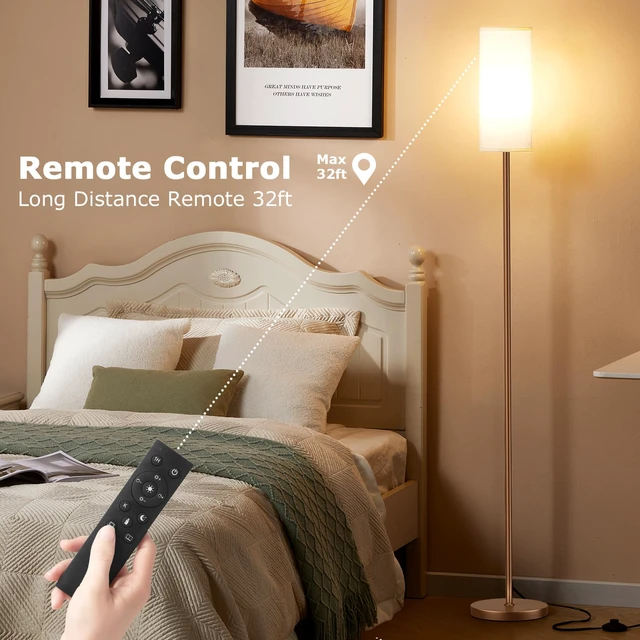 Alt view image 5 of 7 - 64'' Floor Lamps for Living Room with Remote Control and Stepless Dimmable Colors Temperature & Brightness, 9W Bulb Included(White Lampshade & Brown Pole)