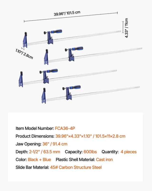 Alt view image 7 of 7 - 36" Bar Clamps for Woodworking, 4-Pack, 600 lbs Load Limit 2-1/2 inch Depth, Lockable F-Clamp, Cast Iron and Carbon Steel, Easy to Use, Metalworking and DIY Projects