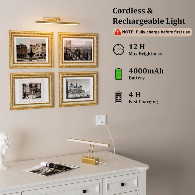 Alt view image 4 of 6 - Battery Operated Wall Light, Set of 2, Gold, RF Remote Control 13.8'' 4000mAh Cordless,Gold Wall Light, Magnetic for Easy to Charge,Timers, Display for Gallery Living Room Bedroom
