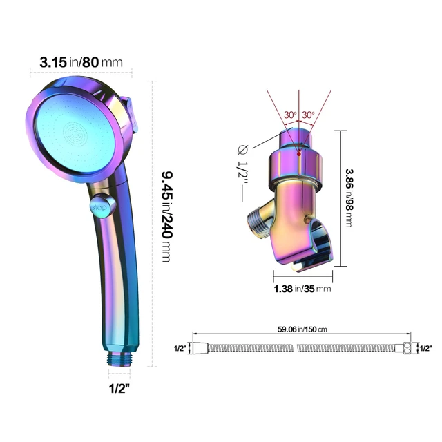 Alt view image 6 of 6 - High Pressure Handheld Shower Head with ON/OFF Switch, 3 Spray Modes, Adjustable Angle Bracket, Radiant Rainbow