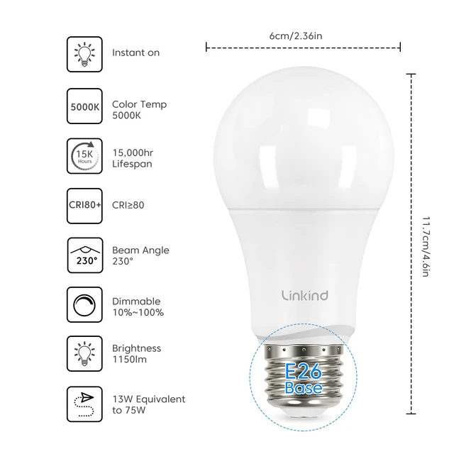 Alt view image 2 of 7 - A19 LED Light Bulbs Dimmable, 75W Equivalent, E26 Base, 5000K Daylight, 13W 1150 Lumens 120V, UL Listed FCC Certified, LED Lights for Bedroom Living Room Home Office, 6 Packs