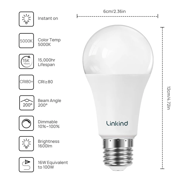 Alt view image 2 of 7 - A19 LED Light Bulbs Dimmable, 100W Equivalent Light Bulbs, 16W, 5000K Daylight, 1600 Lumens LED Bulbs, E26 Standard Base, 120V, Lighting for Bedroom Living Room Home Office, 6 Packs