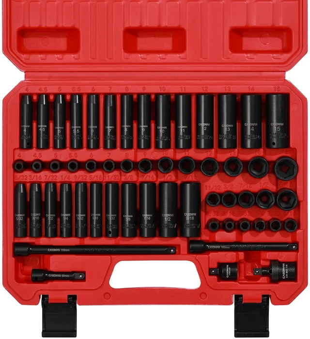 Main image of 55PCS 1/4-Inch Drive Impact Socket Set, Shallow & Deep, 5/32 Inch - 9/16 Inch, 4mm - 15mm, Metric/SAE, 6-Point, Cr-V Steel Socket Set
