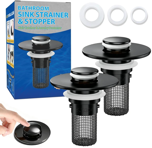 Main image of Bathroom Sink Drain Strainer, Pop-Up Bathroom Sink Stopper with Removable Stainless Steel Hair Catcher Basket, Universal Fit for US Bathroom Sinks, Showers & Floor Drains (2pcs-Black)