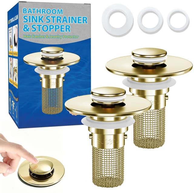 Main image of Bathroom Sink Drain Strainer, Pop-Up Bathroom Sink Stopper with Removable Stainless Steel Hair Catcher Basket, Universal Fit for US Bathroom Sinks, Showers & Floor Drains (2pcs-Gold)