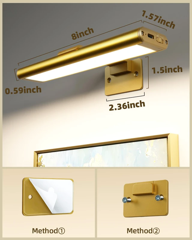 Alt view image 2 of 7 - Picture Light for Wall, Rechargeable Stick on with Remote(3P) Magnetic Wireless 2400mAh Gold 7.87'' Lights, 3 Colors & Dimmable LED for Poster,Painting, Living Room, Gallery Art & Decor