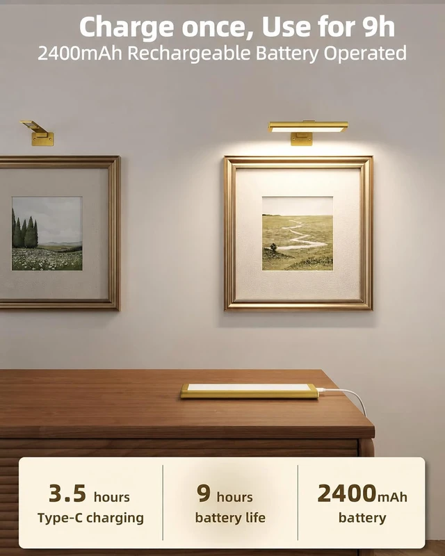 Alt view image 4 of 7 - Picture Light for Wall, Rechargeable Stick on with Remote(3P) Magnetic Wireless 2400mAh Gold 7.87'' Lights, 3 Colors & Dimmable LED for Poster,Painting, Living Room, Gallery Art & Decor