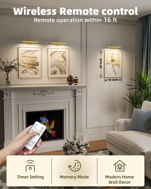 Alt view image 3 of 7 - Picture Light for Wall, Rechargeable Stick on with Remote(3P) Magnetic Wireless 2400mAh Gold 7.87'' Lights, 3 Colors & Dimmable LED for Poster,Painting, Living Room, Gallery Art & Decor