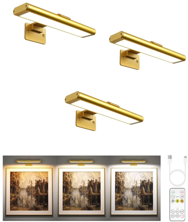 Main image of Picture Light for Wall, Rechargeable Stick on with Remote(3P) Magnetic Wireless 2400mAh Gold 7.87'' Lights, 3 Colors & Dimmable LED for Poster,Painting, Living Room, Gallery Art & Decor
