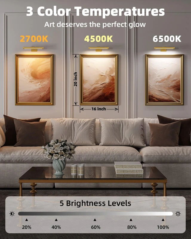 Alt view image 5 of 7 - Picture Light for Wall, Rechargeable Stick on with Remote(3P) Magnetic Wireless 2400mAh Gold 7.87'' Lights, 3 Colors & Dimmable LED for Poster,Painting, Living Room, Gallery Art & Decor