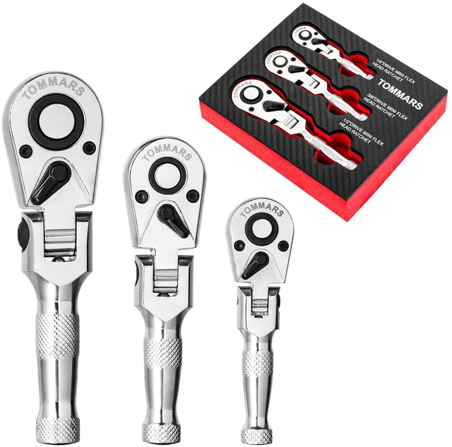 Main image of Flex Head Stubby Ratchet Set, 1/4", 3/8", 1/2" Socket Wrench Kit Mechanic Hand Tool, Flexible, 72 Tooth 5-degree swing arc, Quick Release, Reversible