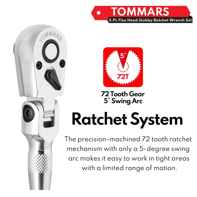 Alt view image 4 of 7 - Flex Head Stubby Ratchet Set, 1/4", 3/8", 1/2" Socket Wrench Kit Mechanic Hand Tool, Flexible, 72 Tooth 5-degree swing arc, Quick Release, Reversible