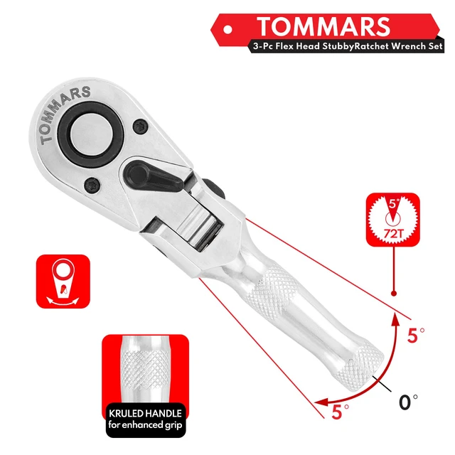 Alt view image 7 of 7 - Flex Head Stubby Ratchet Set, 1/4", 3/8", 1/2" Socket Wrench Kit Mechanic Hand Tool, Flexible, 72 Tooth 5-degree swing arc, Quick Release, Reversible