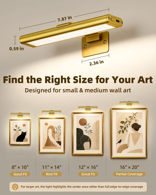 Alt view image 7 of 7 - Picture Light for Wall, Rechargeable Stick on with Remote(3P) Magnetic Wireless 2400mAh Gold 7.87'' Lights, 3 Colors & Dimmable LED for Poster,Painting, Living Room, Gallery Art & Decor