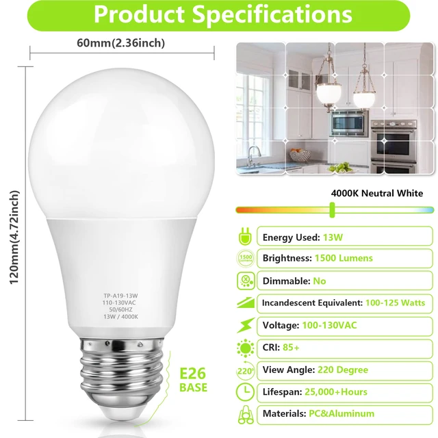 Alt view image 2 of 7 - A19 LED Light Bulbs, 100 Watt Equivalent, Neutral White 4000K, 1500LM, E26 Base, Non-Dimmable, 13W Bright White LED Bulb, 4-Pack