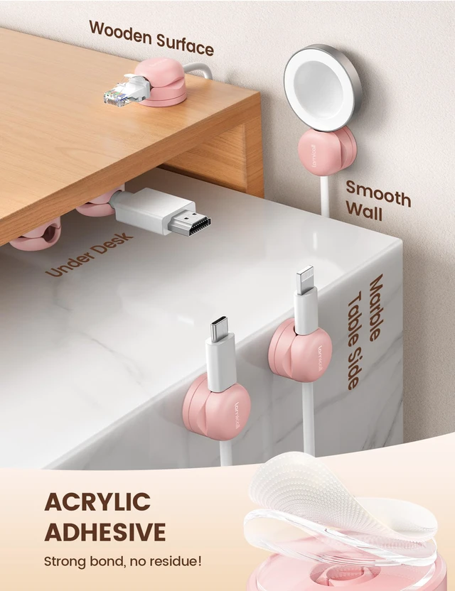 Alt view image 4 of 7 - 6 Pack Pink Rotatable Spring Cord Organizer Cable Clips Women Girls Gift Gadget, Adhesive Cable Management for Desk Nightstand Wall, Office Home Dorm Decor, Charger Cord Holder