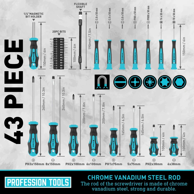 Alt view image 5 of 7 - Magnetic Screwdrivers Set with Case, 43-piece Includs Slotted, Phillips, Hex, Pozidriv,Torx and Precision Screwdriver Set, Magnetizer Demagnetizer Tools, Tools for Men (Blue))