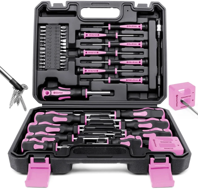 Main image of Magnetic Screwdrivers Set with Case, 43-piece Includs Slotted, Phillips, Hex, Pozidriv,Torx and Precision Screwdriver Set, Magnetizer Demagnetizer Tools, Tools for Men (Pink))