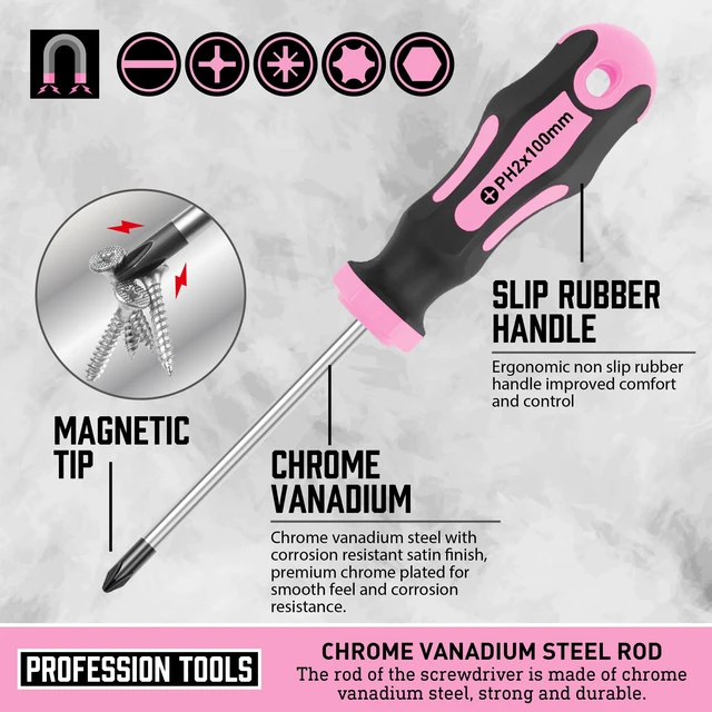 Alt view image 2 of 7 - Magnetic Screwdrivers Set with Case, 43-piece Includs Slotted, Phillips, Hex, Pozidriv,Torx and Precision Screwdriver Set, Magnetizer Demagnetizer Tools, Tools for Men (Pink))
