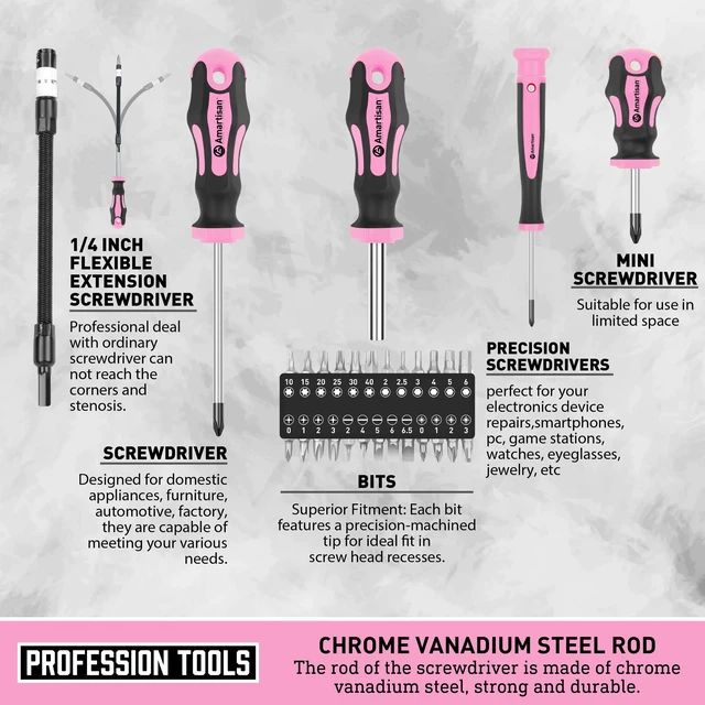 Alt view image 3 of 7 - Magnetic Screwdrivers Set with Case, 43-piece Includs Slotted, Phillips, Hex, Pozidriv,Torx and Precision Screwdriver Set, Magnetizer Demagnetizer Tools, Tools for Men (Pink))