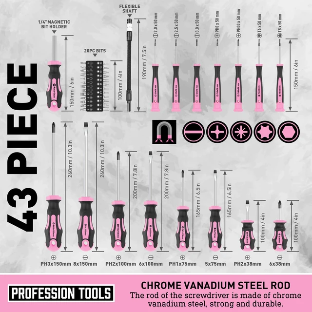 Alt view image 5 of 7 - Magnetic Screwdrivers Set with Case, 43-piece Includs Slotted, Phillips, Hex, Pozidriv,Torx and Precision Screwdriver Set, Magnetizer Demagnetizer Tools, Tools for Men (Pink))