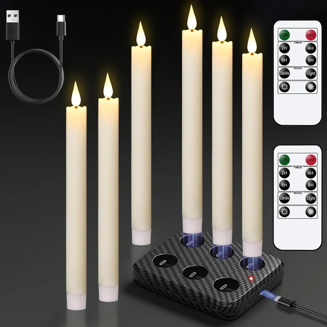 Main image of Rechargeable Flameless Taper Candles Charging Base & 2 Remote Ivory LED Candles Battery Operated, Real Wax Rechargeable Candlesticks, Christmas Wedding Party Home Decor, 6 Pack, 0.78 x 9.8 In