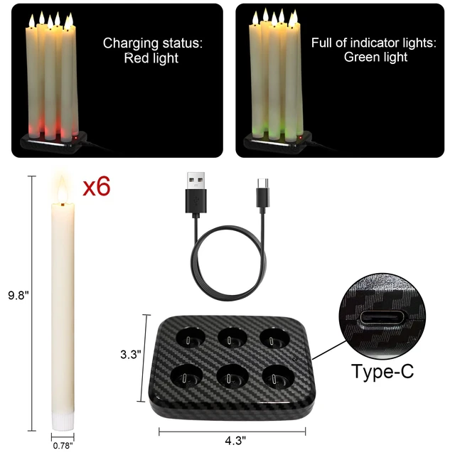 Alt view image 2 of 7 - Rechargeable Flameless Taper Candles Charging Base & 2 Remote Ivory LED Candles Battery Operated, Real Wax Rechargeable Candlesticks, Christmas Wedding Party Home Decor, 6 Pack, 0.78 x 9.8 In
