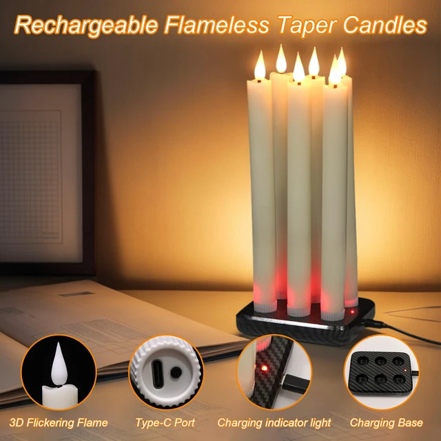 Alt view image 3 of 7 - Rechargeable Flameless Taper Candles Charging Base & 2 Remote Ivory LED Candles Battery Operated, Real Wax Rechargeable Candlesticks, Christmas Wedding Party Home Decor, 6 Pack, 0.78 x 9.8 In