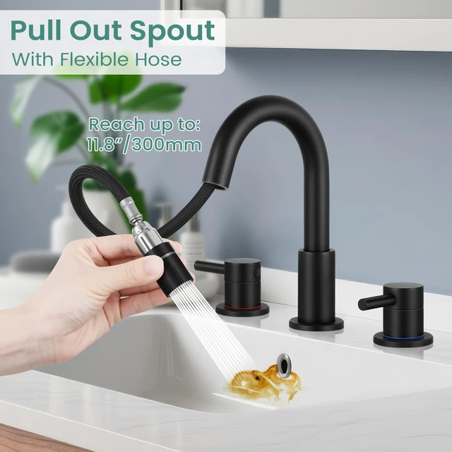 Alt view image 2 of 7 - Bathroom Faucet 3 Hole with Pull Down Sprayer Matte Black, 2-Handle Lead-free stainless steel, pop-up drain, 360°swivel, 8-inch widespread Faucet for RV/vanity sink, 3-hole mount