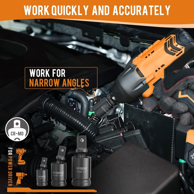 Alt view image 2 of 7 - 3 Pcs Universal Joint Swivel Socket Adapter Set 1/4",3/8"& 1/2"Drivers,U-Joint Drive CR-MO Impact Grad Wobble Socket Wrench Set