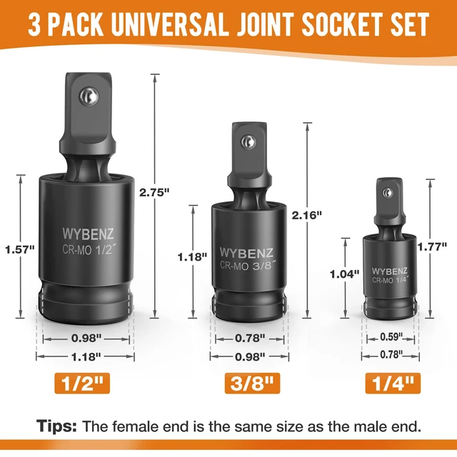 Alt view image 3 of 7 - 3 Pcs Universal Joint Swivel Socket Adapter Set 1/4",3/8"& 1/2"Drivers,U-Joint Drive CR-MO Impact Grad Wobble Socket Wrench Set