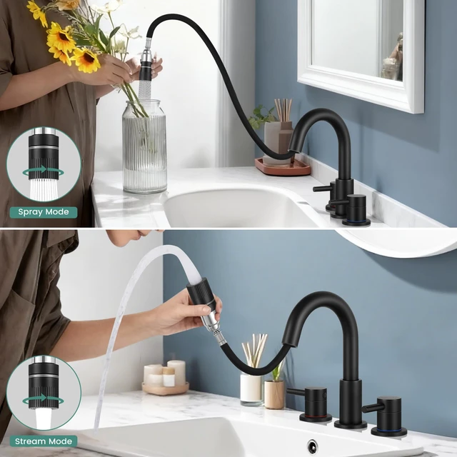 Alt view image 3 of 7 - Bathroom Faucet 3 Hole with Pull Down Sprayer Matte Black, 2-Handle Lead-free stainless steel, pop-up drain, 360°swivel, 8-inch widespread Faucet for RV/vanity sink, 3-hole mount