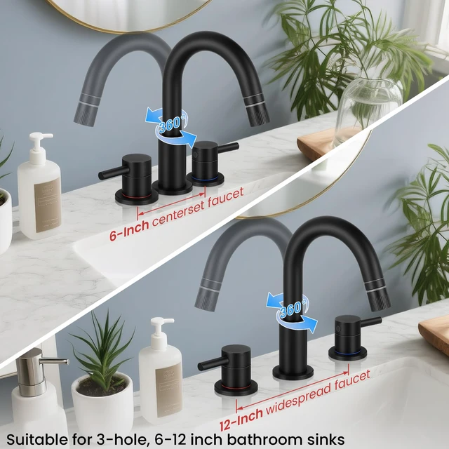 Alt view image 4 of 7 - Bathroom Faucet 3 Hole with Pull Down Sprayer Matte Black, 2-Handle Lead-free stainless steel, pop-up drain, 360°swivel, 8-inch widespread Faucet for RV/vanity sink, 3-hole mount