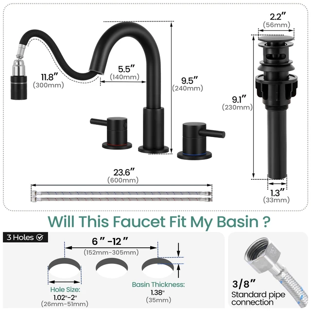 Alt view image 7 of 7 - Bathroom Faucet 3 Hole with Pull Down Sprayer Matte Black, 2-Handle Lead-free stainless steel, pop-up drain, 360°swivel, 8-inch widespread Faucet for RV/vanity sink, 3-hole mount