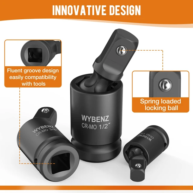 Alt view image 7 of 7 - 3 Pcs Universal Joint Swivel Socket Adapter Set 1/4",3/8"& 1/2"Drivers,U-Joint Drive CR-MO Impact Grad Wobble Socket Wrench Set