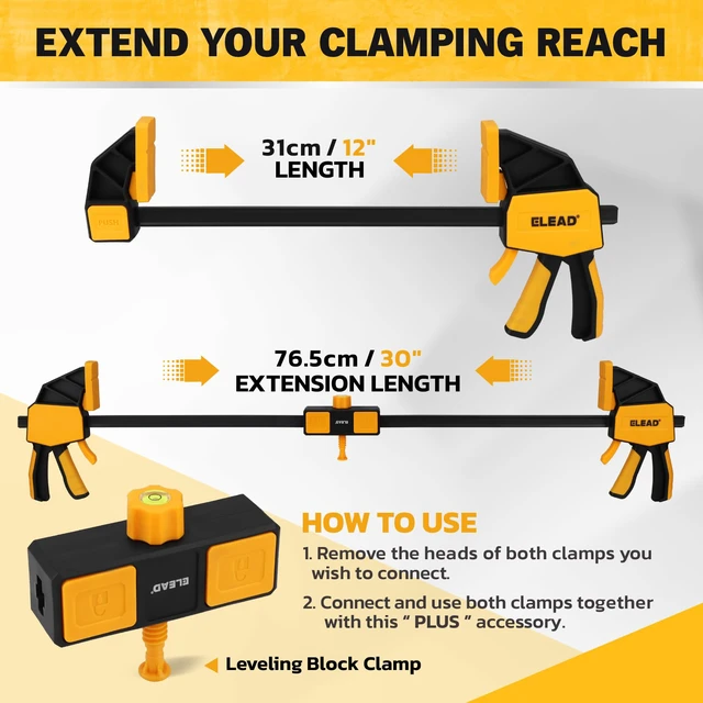 Alt view image 3 of 7 - 3-Pack 12-Inch Bar Clamp for Woodworking with Leveling Block Clamp, 350LBS Load Limit, Heavy Duty Quick-Release Wood Clamps/Spreader, One-Handed F Clamp for Wood Working