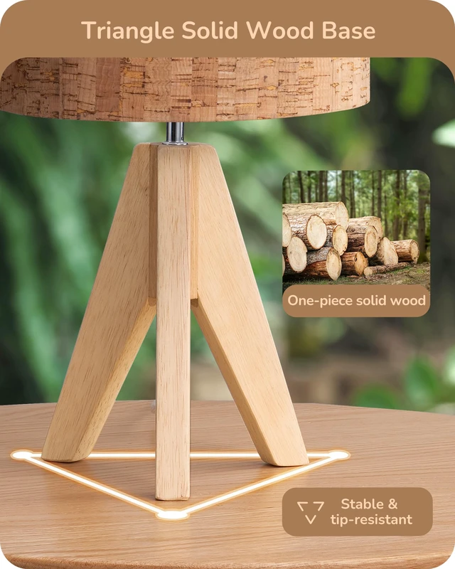 Alt view image 2 of 7 - Small Table Lamp, Wood Tripod Nightstand Lamp, Bark Linen Shade 14.2 Inch, Farmhouse Bedside Lamp for Nursery, Bedroom, Kids Room, Office, Reading Desk, E26 Socket, ON/Off Switch