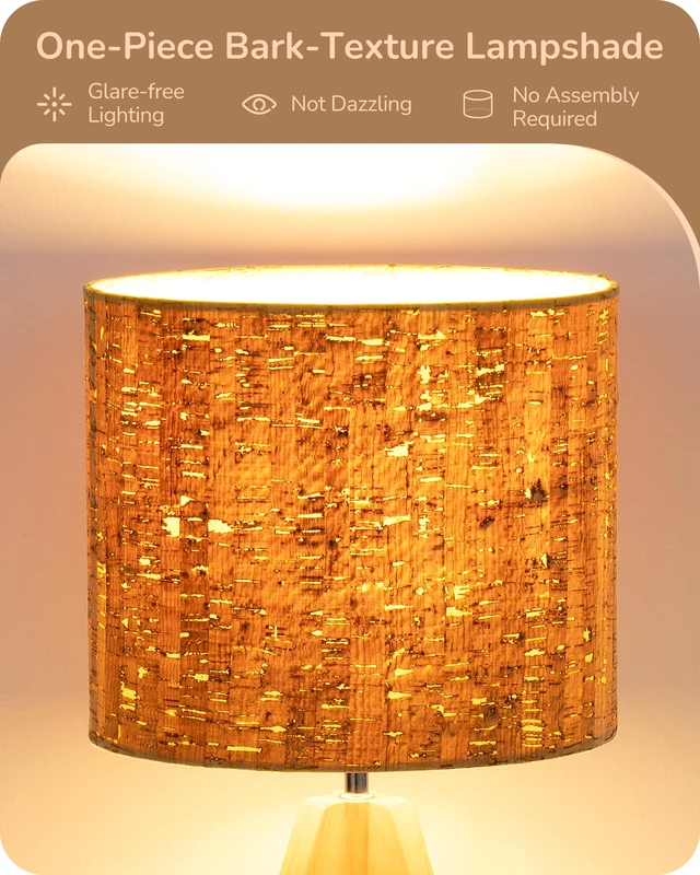 Alt view image 3 of 7 - Small Table Lamp, Wood Tripod Nightstand Lamp, Bark Linen Shade 14.2 Inch, Farmhouse Bedside Lamp for Nursery, Bedroom, Kids Room, Office, Reading Desk, E26 Socket, ON/Off Switch