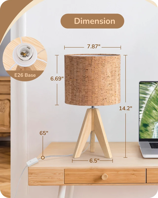 Alt view image 5 of 7 - Small Table Lamp, Wood Tripod Nightstand Lamp, Bark Linen Shade 14.2 Inch, Farmhouse Bedside Lamp for Nursery, Bedroom, Kids Room, Office, Reading Desk, E26 Socket, ON/Off Switch