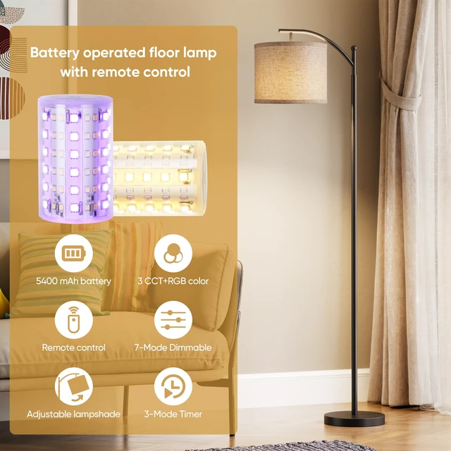 Alt view image 2 of 7 - Battery Operated Floor Lamp, RGB Dimmable Cordless Standing Lamp with Remote Control for Living Room, Tall Floor Lamp for Bedroom -Black