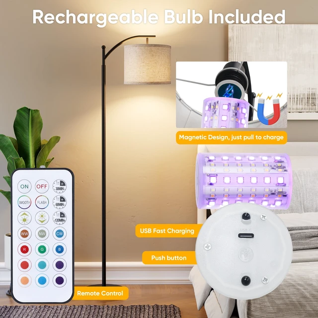 Alt view image 5 of 7 - Battery Operated Floor Lamp, RGB Dimmable Cordless Standing Lamp with Remote Control for Living Room, Tall Floor Lamp for Bedroom -Black